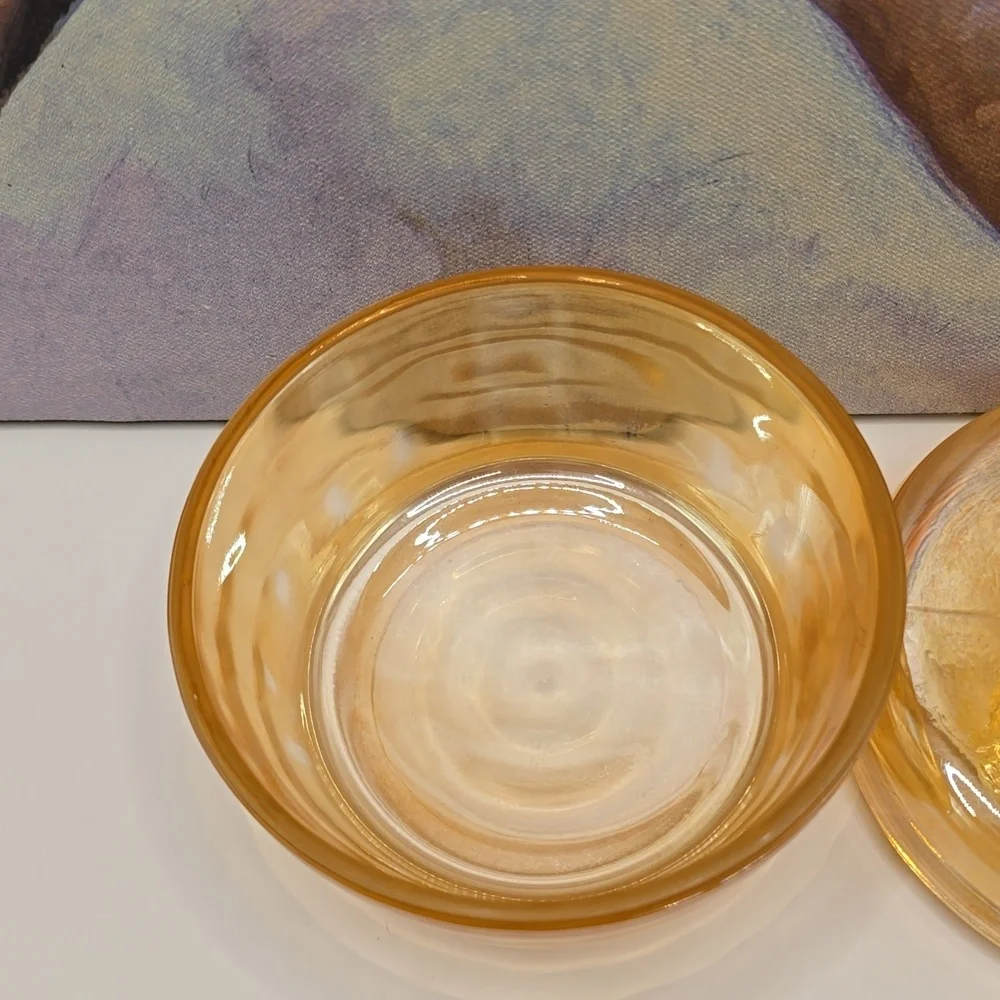 Vintage Lustre Marigold Carnival Glass Jeannette French Poodle Trinket Box Dish